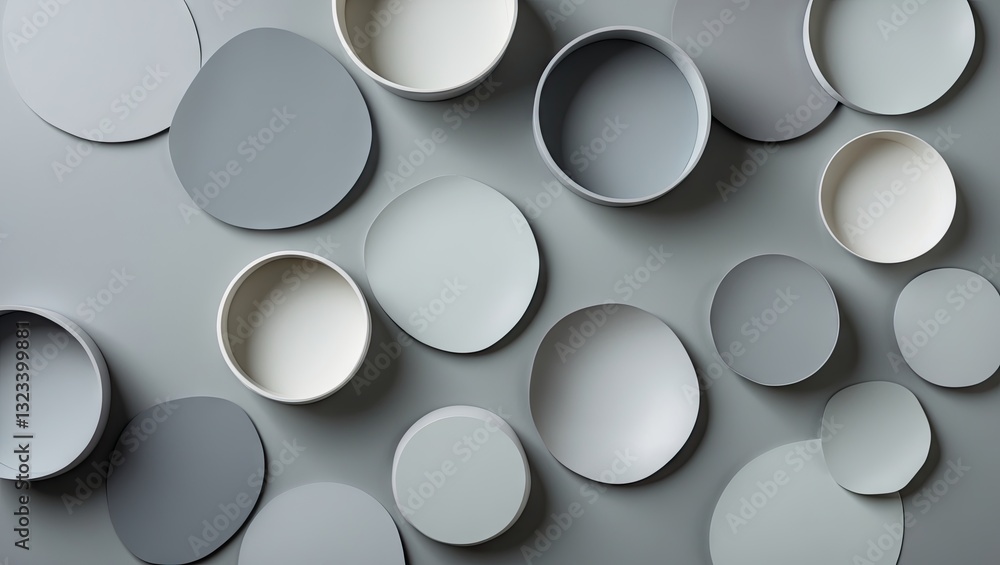 Light grey circular plates in various shades arranged artfully on a solid grey background emphasizing home decor and modern interior design aesthetics. Light grey circular plates in various shades arranged artfully on a solid grey background emphasizing home decor and modern interior design aesthetics.