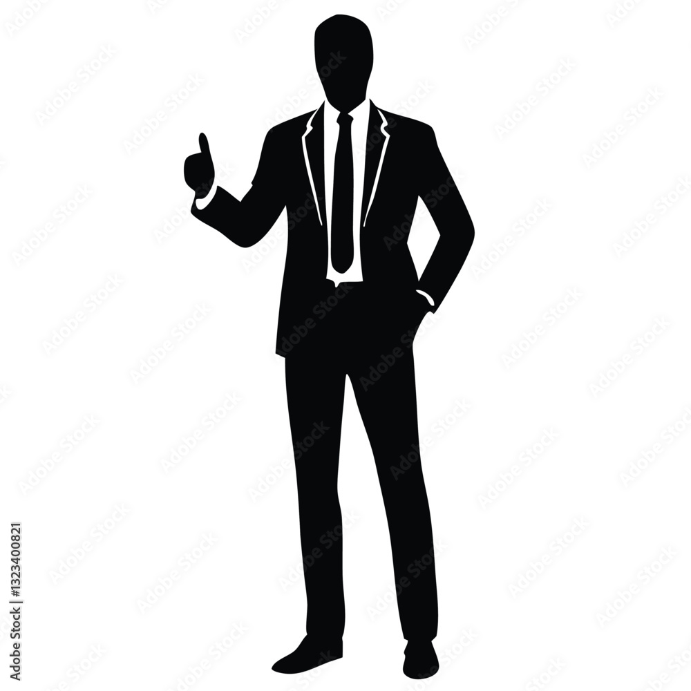 A silhouette of a man in a formal business suit, standing confidently with one hand on his hip and the other giving a thumbs-up A silhouette of a man in a formal business suit, standing confidently with one hand on his hip and the other giving a thumbs-up