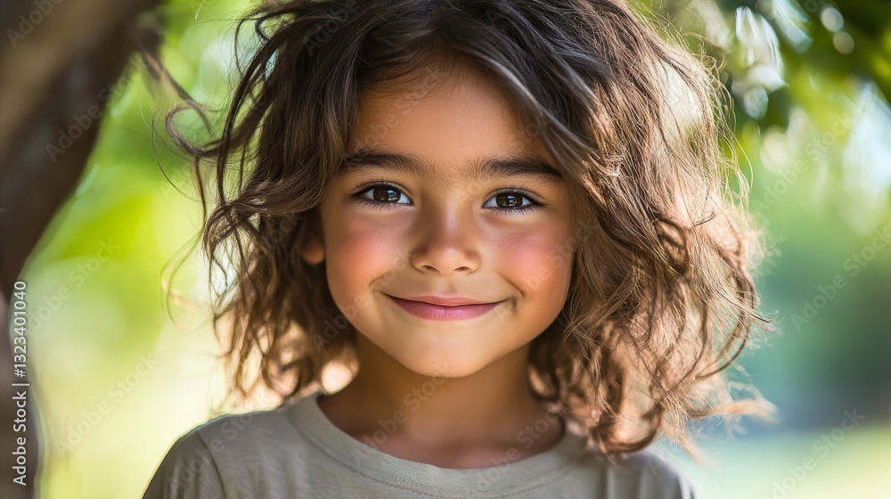 Adorable Child Portrait in Forest Setting, Head and Shoulders View, Soft Natural Light Filtering Through Trees with Blurred Green Backdrop.