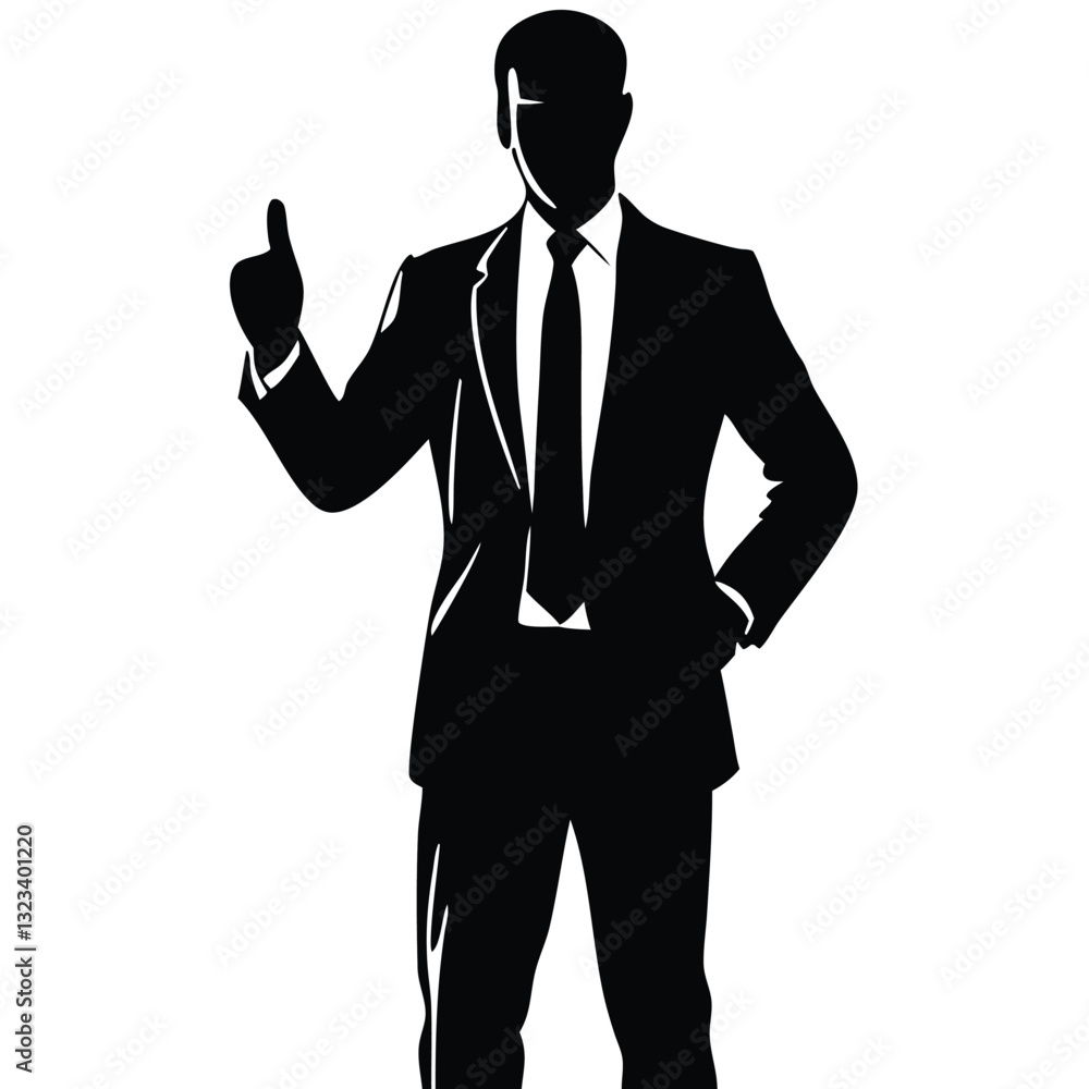 A silhouette of a man in a formal business suit, standing confidently with one hand on his hip and the other giving a thumbs-up A silhouette of a man in a formal business suit, standing confidently with one hand on his hip and the other giving a thumbs-up