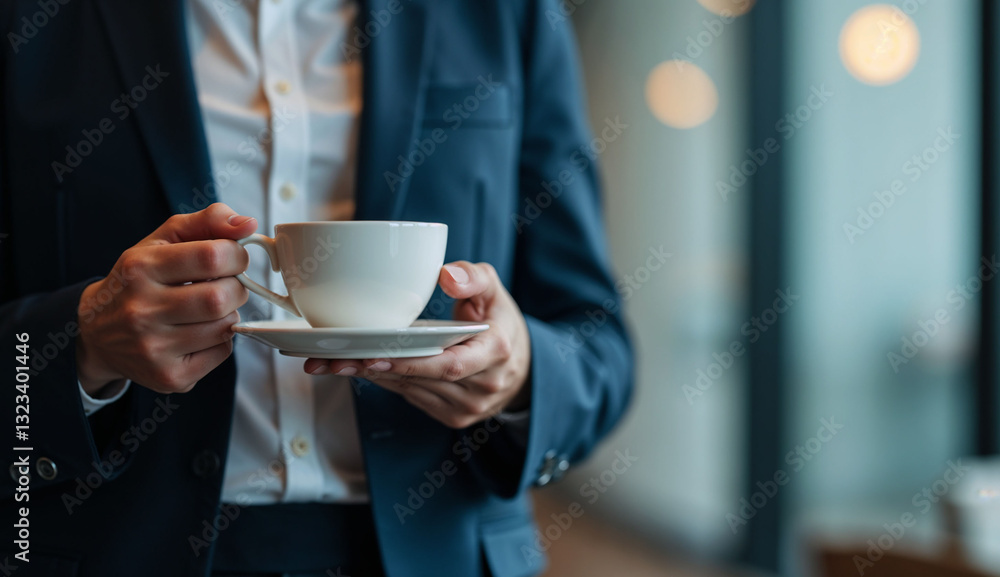 Businessman holding white coffee cup with saucer in modern office setting Businessman holding white coffee cup with saucer in modern office setting