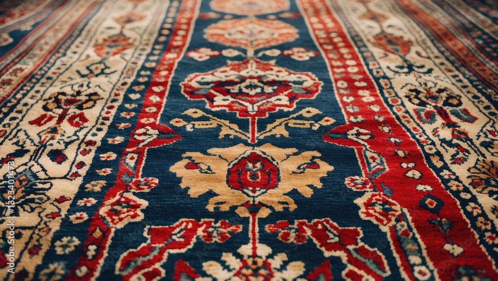 Traditional patterned machine-made carpet displaying intricate floral designs in rich reds, blues, and cream placed on a seamless white background. Traditional patterned machine-made carpet displaying intricate floral designs in rich reds, blues, and cream placed on a seamless white background.