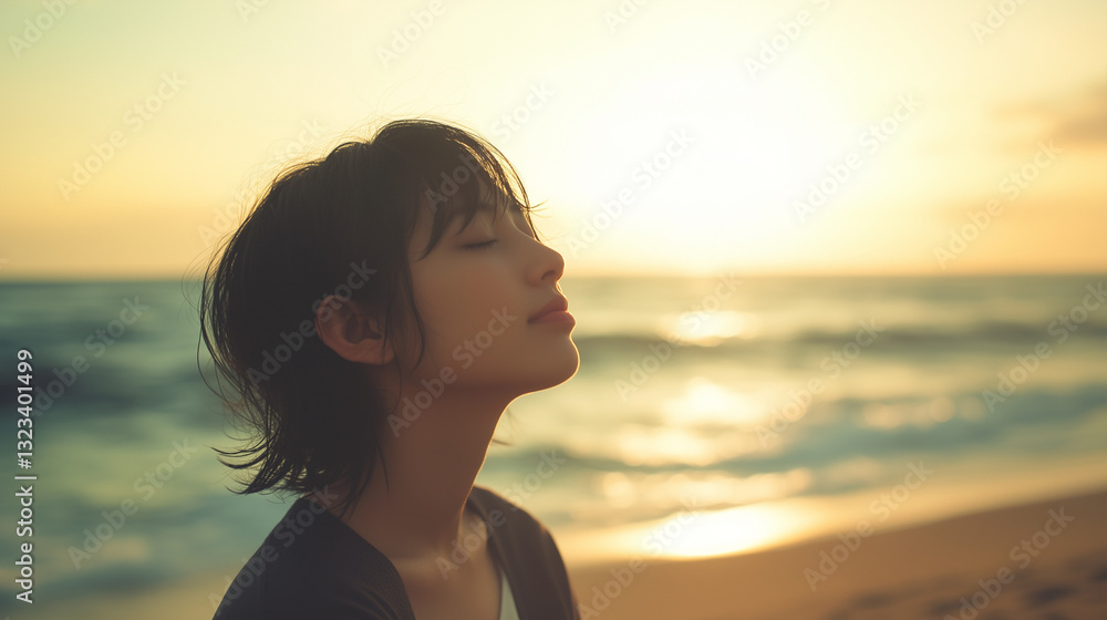 朝日・夕日のビーチで目を閉じて新鮮な空気を吸う日本の女性の横顔の上半身から上の写真、コピースペース多め