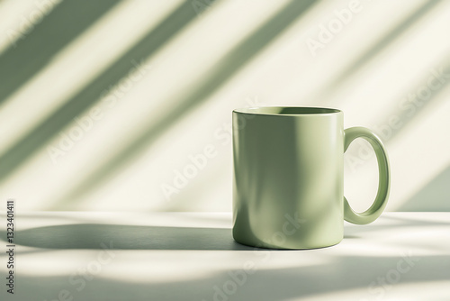 Minimalist sage green ceramic mug on a neutral surface with natural sunlight and soft striped shadows. Perfect for branding, product showcases, and design presentations