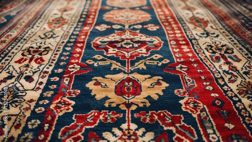 Traditional patterned machine-made carpet displaying intricate floral designs in rich reds, blues, and cream placed on a seamless white background.