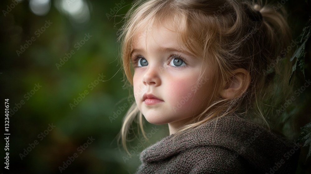 Adorable Child Portrait in Forest Setting, Head and Shoulders View, Soft Natural Light Filtering Through Trees with Blurred Green Backdrop. Adorable Child Portrait in Forest Setting, Head and Shoulders View, Soft Natural Light Filtering Through Trees with Blurred Green Backdrop.