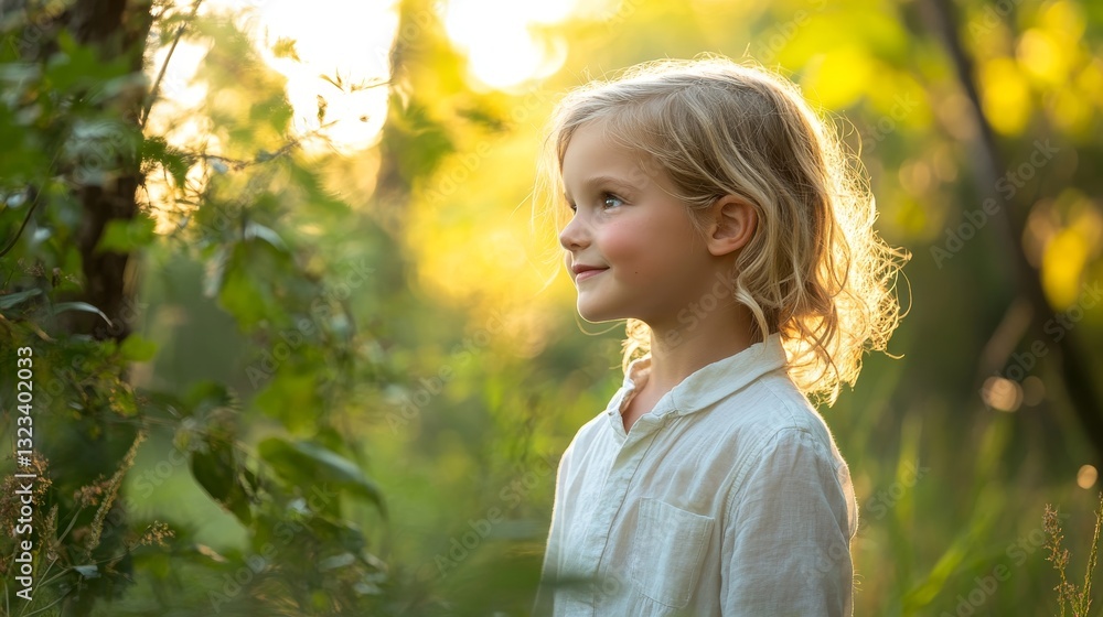 Adorable Child Portrait in Forest Setting, Head and Shoulders View, Soft Natural Light Filtering Through Trees with Blurred Green Backdrop. Adorable Child Portrait in Forest Setting, Head and Shoulders View, Soft Natural Light Filtering Through Trees with Blurred Green Backdrop.