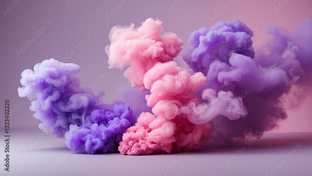 Fototapeta premium Vibrant pink and purple smoke billowing on a smooth isolated pastel background with soft gradients emphasizing dynamic movement and texture.