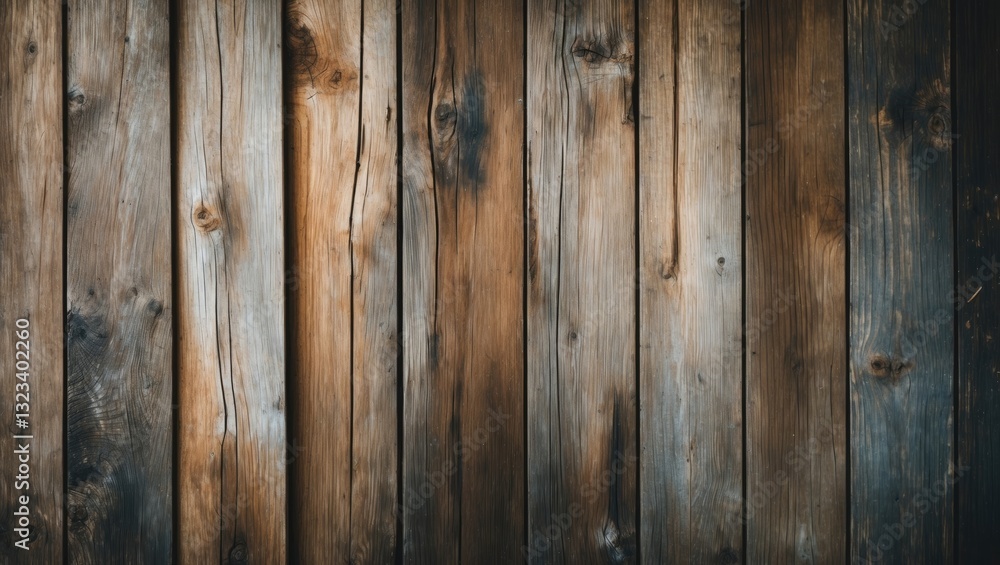 Naklejka premium Rustic wooden plank background with rich brown and gray tones, featuring vertical alignment and varied textures for a vintage aesthetic.