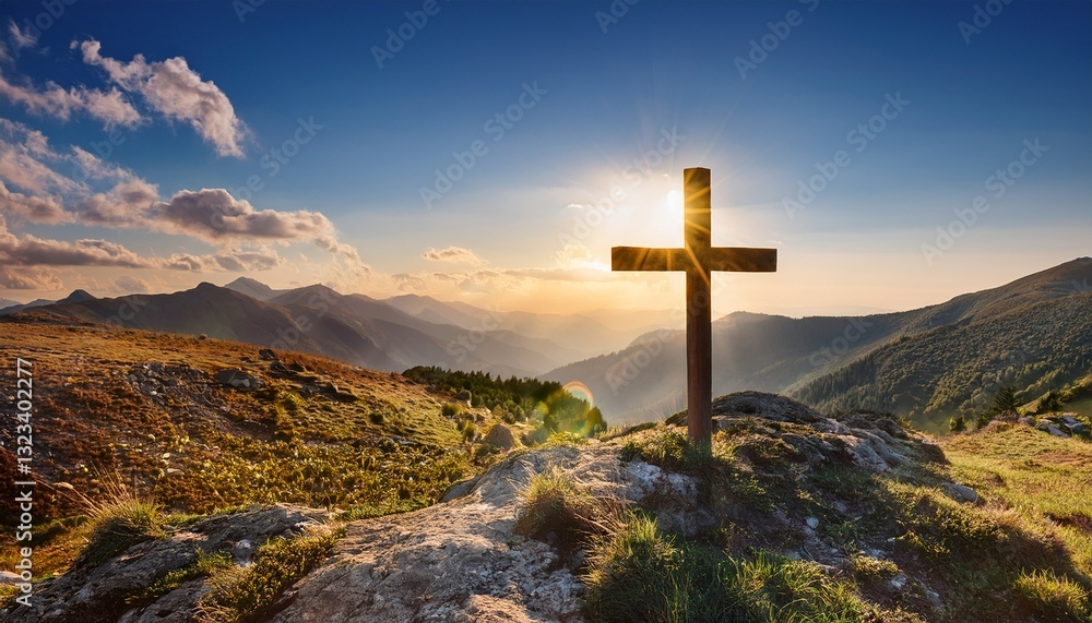 christian cross at beautiful mountain landscape in sun rays christian cross at beautiful mountain landscape in sun rays
