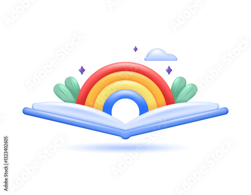 illustration of an open book with rainbow, clouds and plants. liking and enjoying reading a book. world book day concept. knowledge and science. symbol or icon. minimalist 3d style design. element