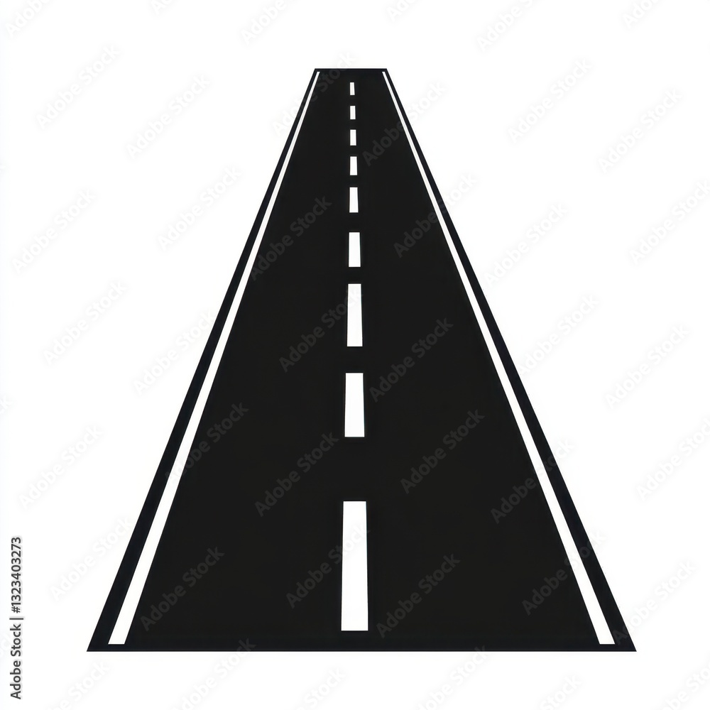 Blacktop road with white dashed lines receding to a vanishing point against a white background. Simple, graphic illustration of a roadway. Blacktop road with white dashed lines receding to a vanishing point against a white background. Simple, graphic illustration of a roadway.