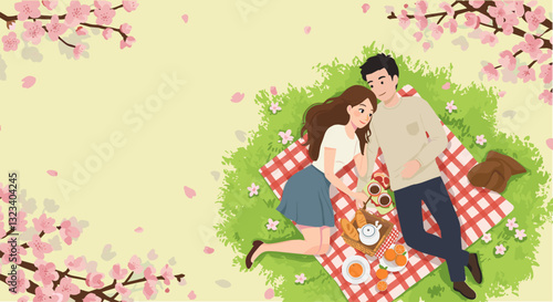 picnic couple lover spring grass cherry romantic