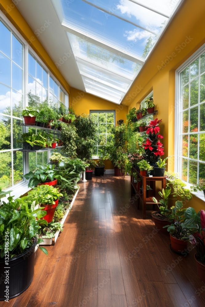 Fototapeta premium Bright Sunlit Indoor Garden with Lush Green Plants and Yellow Walls