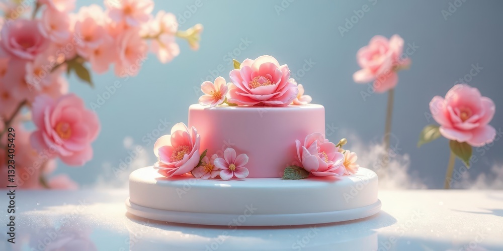 Delicate Pink Cake Adorned with Exquisite Sugar Flowers, Resting on a Pristine White Cake Stand, Surrounded by a Soft, Dreamlike Atmosphere Delicate Pink Cake Adorned with Exquisite Sugar Flowers, Resting on a Pristine White Cake Stand, Surrounded by a Soft, Dreamlike Atmosphere
