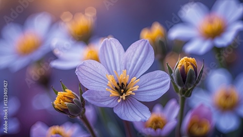 Delicate close-up of white and yellow wildflowers with soft purple background highlighting blooming petals and gentle bokeh effects in sunset light