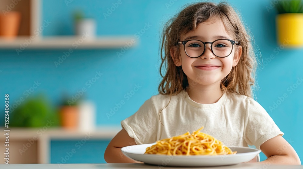 Child in glasses with a plate of pasta Child in glasses with a plate of pasta