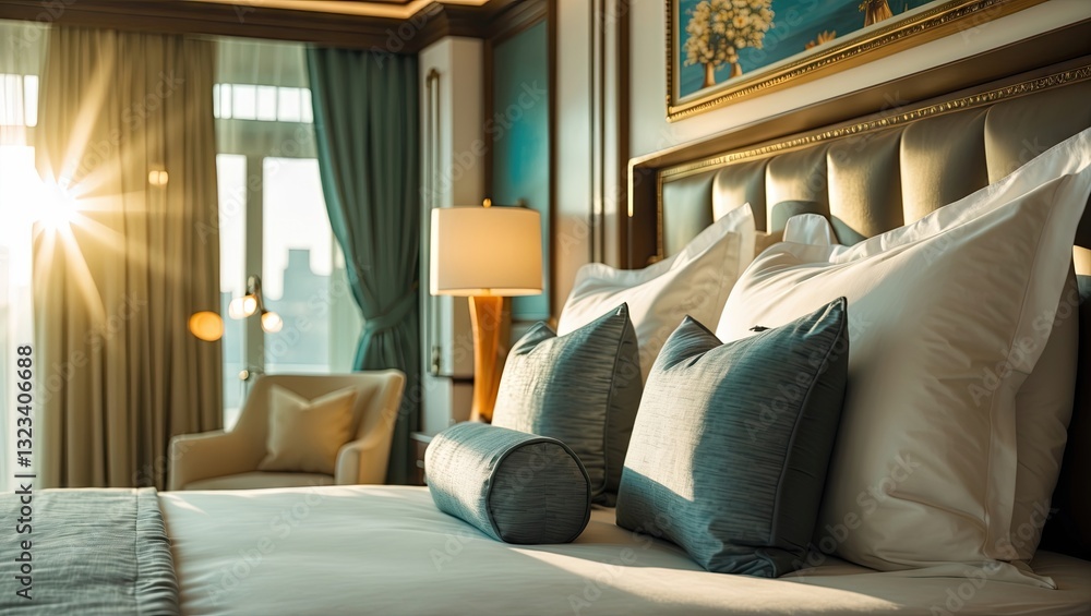 Obraz premium Elegant luxury bedroom with plush pillows in soft turquoise tones, illuminated by warm sunlight streaming through large windows.