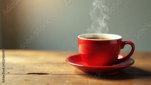 Aromatic Coffee in a Vibrant Red Cup on Rustic Wooden Tabletop