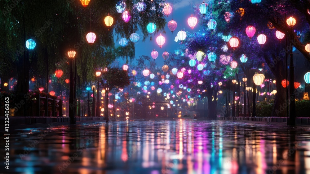 Fototapeta premium Vibrant Night Scene with Colorful Lanterns Reflecting on Wet Pavement