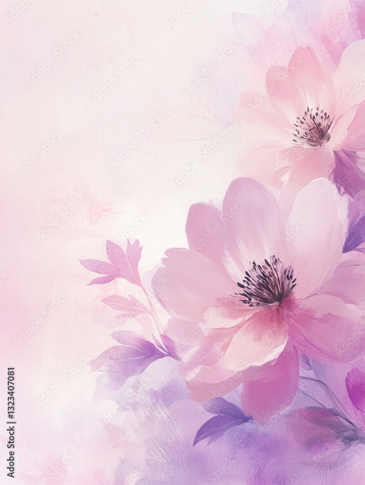 Soft pastel floral design with blooming flowers in pink and lavender, perfect for feminine decor and greeting cards Soft pastel floral design with blooming flowers in pink and lavender, perfect for feminine decor and greeting cards