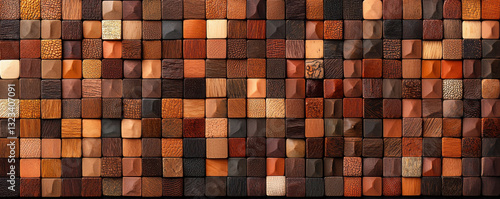 Wooden blocks in various shades and textures create visually appealing mosaic. arrangement showcases beauty of natural wood, highlighting its diverse patterns and colors