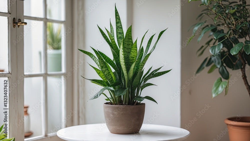 Fototapeta premium Sansevieria plant in a light brown pot on a round white table with soft natural light and greenery in a bright room setting