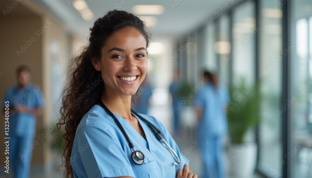 A confident female nurse with curly hair smiles warmly while wearing scrubs and a stethoscope in a bright hospital corridor. Her joyful expression radiates compassion and dedication, embodying the A confident female nurse with curly hair smiles warmly while wearing scrubs and a stethoscope in a bright hospital corridor. Her joyful expression radiates compassion and dedication, embodying the