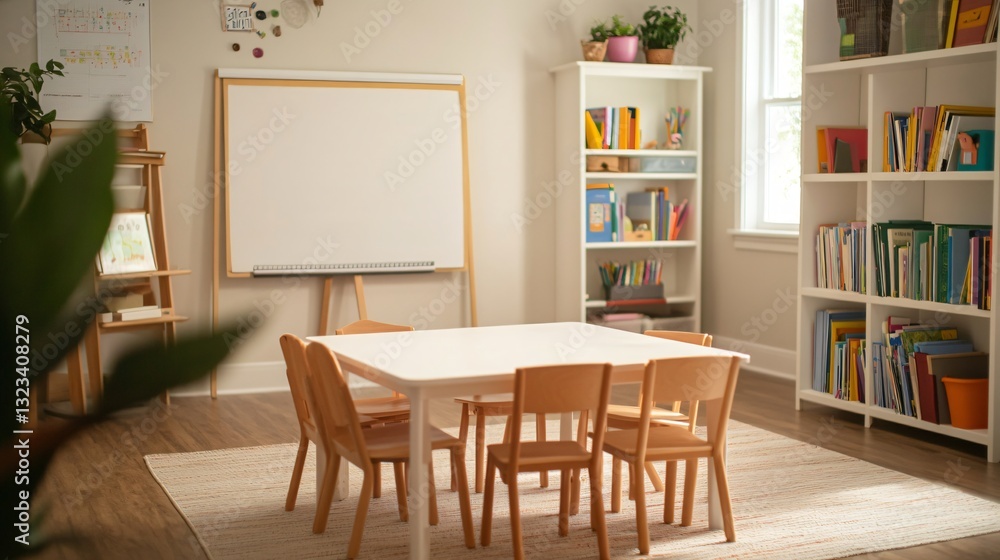 Fototapeta premium Bright meeting space with wooden table, cozy chairs, large whiteboard, bookshelves filled with books, ideal for collaboration.