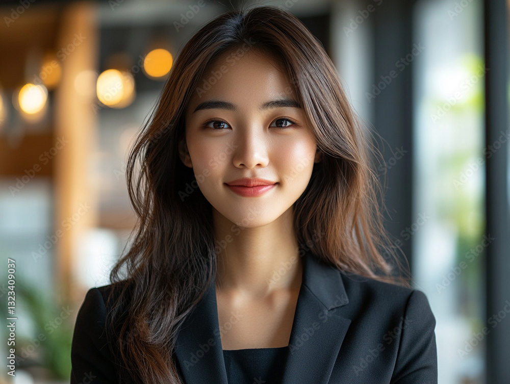 Confident businesswoman smiling in modern office setting Confident businesswoman smiling in modern office setting