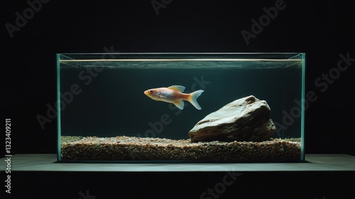 A fish swimming in an aquatic environment with rocky and gravely terrain