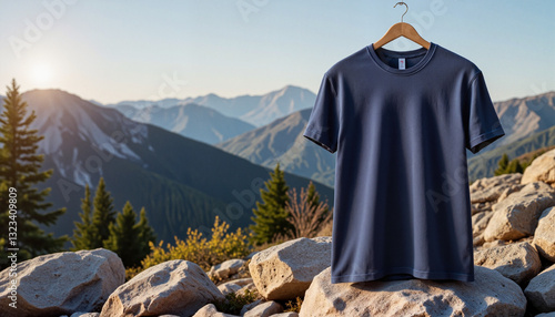 Blank navy blue 3D T-Shirt displayed in scenic outdoor mountain setting photo