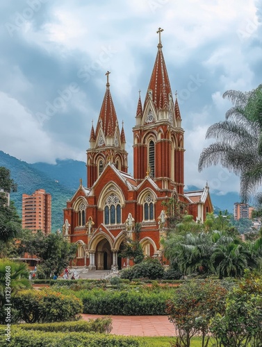 A large red church with a tall steeple, suitable for use in illustrations about architecture, landmarks or Christianity