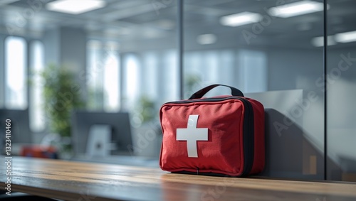  First aid kit in office, symbolizing workplace safety, health, and emergency preparedness