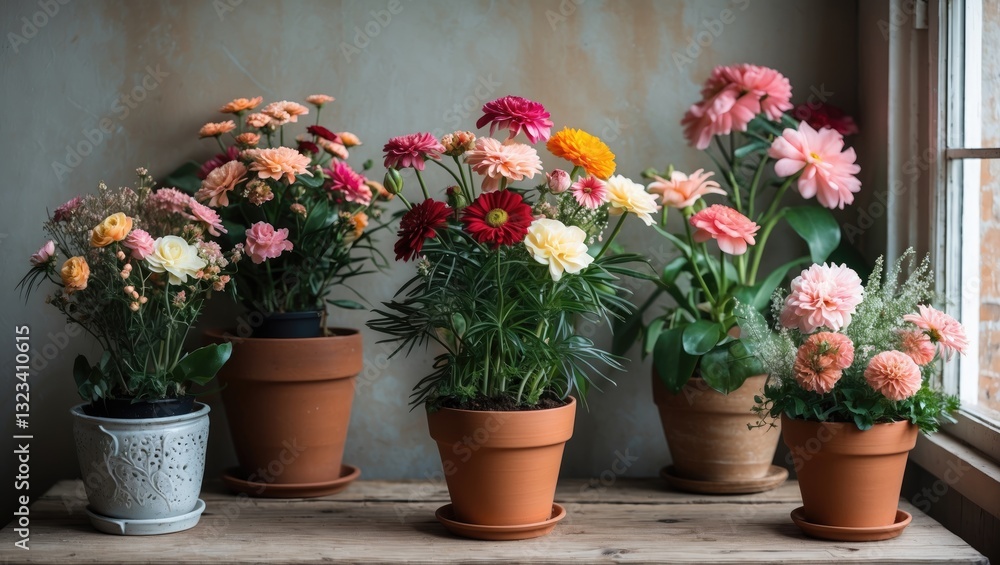 custom made wallpaper toronto digitalBrightly colored potted flowers in terracotta and ceramic pots arranged on a wooden table by a large window featuring pink, orange, and yellow blooms.