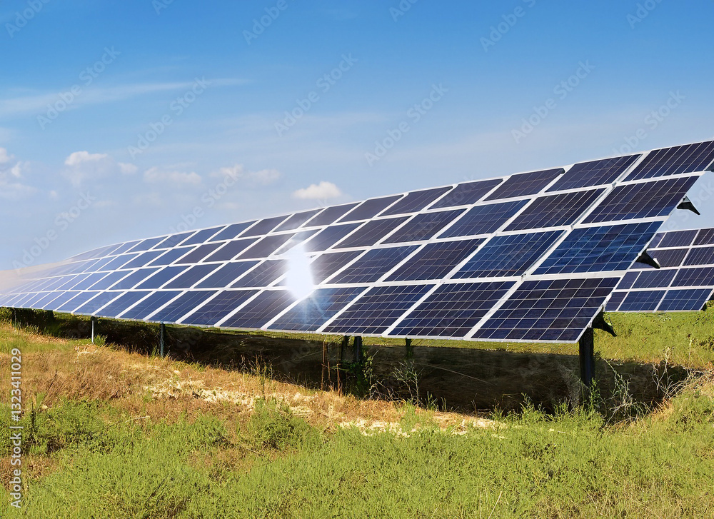 Solar panels installed in an open field, harnessing sunlight to generate renewable energy. Solar panels installed in an open field, harnessing sunlight to generate renewable energy.