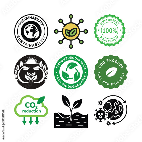 Eco-friendly sustainability icons with green energy, biodegradable symbols, and earth conservation graphics