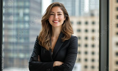 A confident young woman poses in a professional setting, showcasing a modern urban backdrop through a large window, dressed in a sleek black suit with arms crossed, embodying professionalism and poise