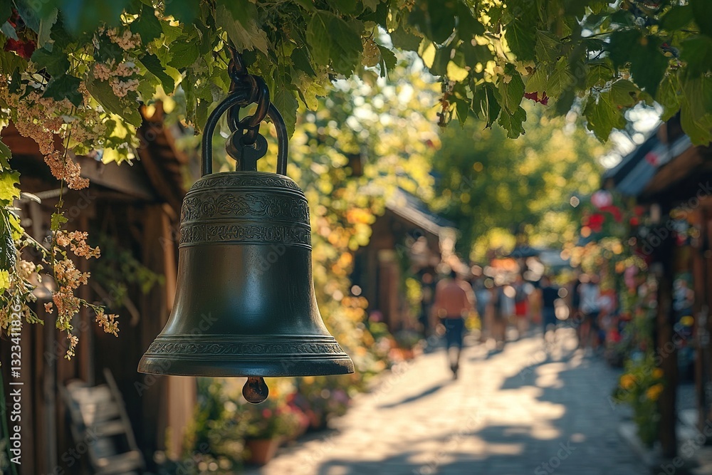 Obraz premium Antique Metal Bell Hanging on Vine in Sunny Village Street