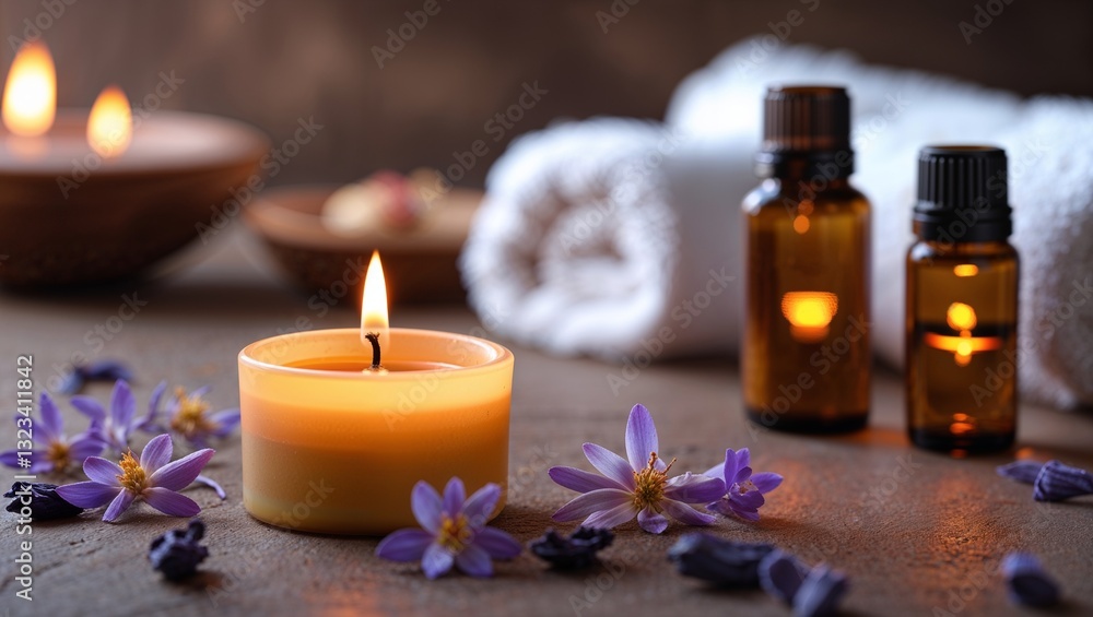 Candle, oil, and towel, symbolizing relaxation, self-care, and tranquility Candle, oil, and towel, symbolizing relaxation, self-care, and tranquility