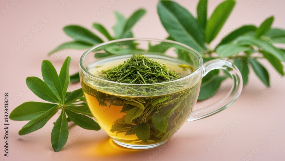 Moringa tea in a clear cup with vibrant green leaves on a soft pastel pink background showcasing natural herbal elements and refreshing colors Moringa tea in a clear cup with vibrant green leaves on a soft pastel pink background showcasing natural herbal elements and refreshing colors
