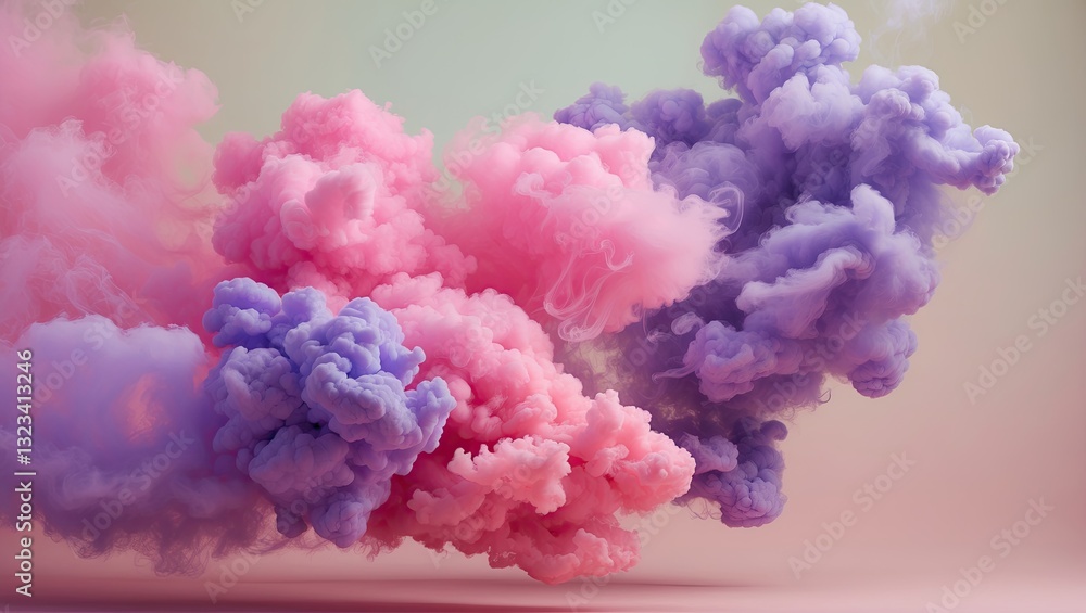 Fototapeta premium Pastel background featuring flowing pink and purple smoke clouds in a dynamic display, with soft gradients and billowing shapes.
