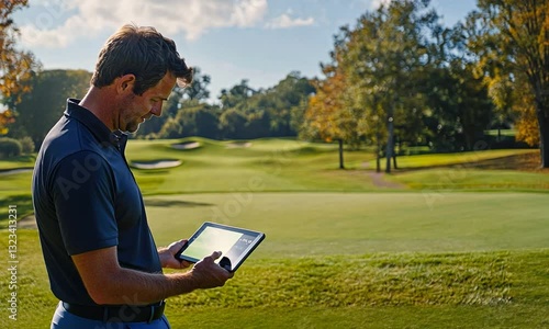 Man using a tablet on a golf course during a sunny day, with trees and fairways in the background