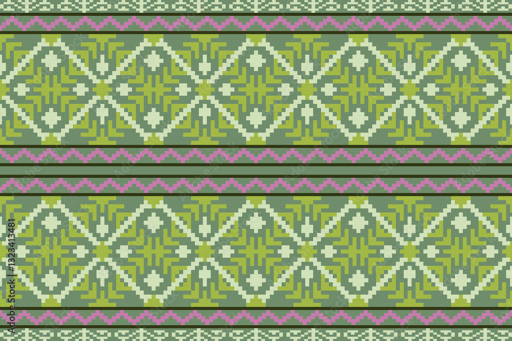 Embroidery ethnic oriental pixel art pattern.Traditional ethnic motifs ikat geometric fabric pattern cross stitch.Aztec style,abstract background vector illustration.Texture,scarf,decoration,wallpaper