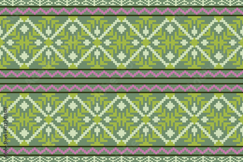 Obraz na płótnie Embroidery ethnic oriental pixel art pattern.Traditional ethnic motifs ikat geometric fabric pattern cross stitch.Aztec style,abstract background vector illustration.Texture,scarf,decoration,wallpaper w salonie