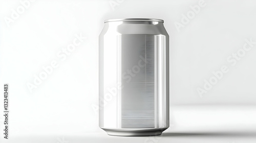Isolated Metallic Silver Soda Can On White Backdrop with Reflective Surface and Subtle Shadows