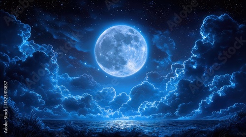 Serene Nightscape with Full Moon Over Calm Ocean
