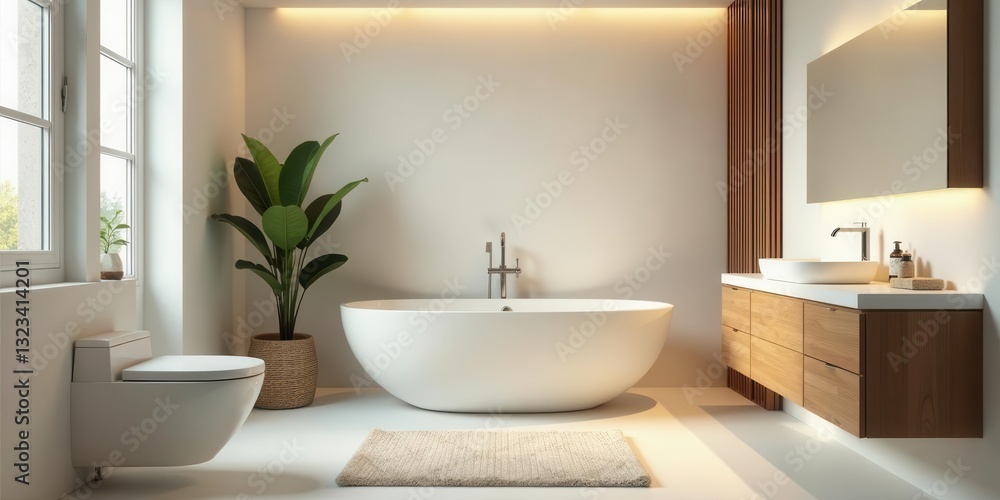 Fototapeta premium Serene Minimalist Bathroom Design Featuring Freestanding Tub, Wall-Hung Toilet, and Light Wood Vanity