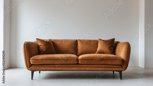 Stylish orange suede couch with plush cushions positioned centrally against a blank white backdrop showcasing modern interior design aesthetics
