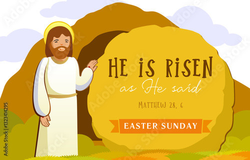 Easter Sunday celebrating greeting card design. Religious postcard in cartoon style. Bible scene of Jesus resurraction. Congratulations template. Editable concept. Church ministry cute invitation.